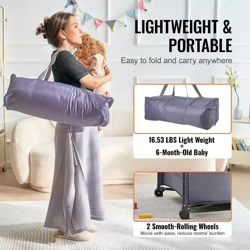 VEVOR Baby Playpen Travel Crib, Quick-Folding Playpen for Baby & Toddler,Portable Baby Fence Play Yard with Wheels,Breathable Mesh & Travel Bag, Gray