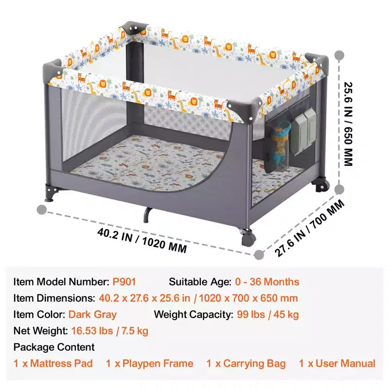 VEVOR Baby Playpen Travel Crib, Quick-Folding Playpen for Baby & Toddler,Portable Baby Fence Play Yard with Wheels,Breathable Mesh & Travel Bag, Gray