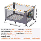 VEVOR Baby Playpen Travel Crib, Quick-Folding Playpen for Baby & Toddler,Portable Baby Fence Play Yard with Wheels,Breathable Mesh & Travel Bag, Gray