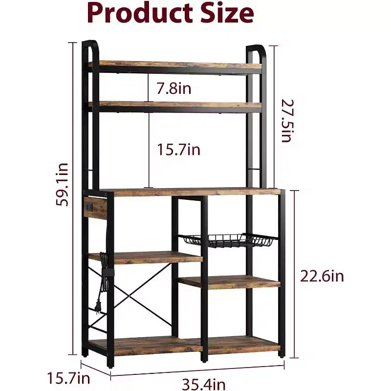 Scaffale da forno con presa di corrente, scaffale da cucina con cesto in filo, supporto per microonde con ampi ripiani aperti, scaffale portaoggetti autoportante a 6 livelli