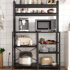 Bakers Rack with Power Outlet, Kitchen Baker Rack with Wire Basket, Microwave Stand with Large Open Storage Shelves, 6-Tier Freestanding Storage Shelf