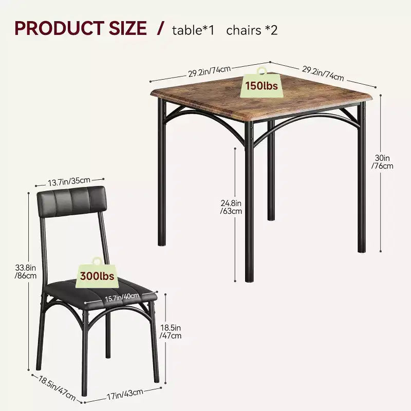 Modern Rustic Square Dining Set, 29.2' L x W 30.1' H Table, 33.7' 18.4' 17' Chairs, 2 Person, Metal & MDF, Easy Assembly, Space-Saving