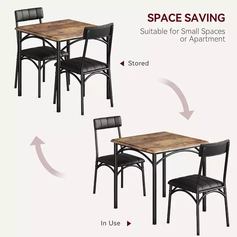 Modern Rustic Square Dining Set, 29.2' L x W 30.1' H Table, 33.7' 18.4' 17' Chairs, 2 Person, Metal & MDF, Easy Assembly, Space-Saving
