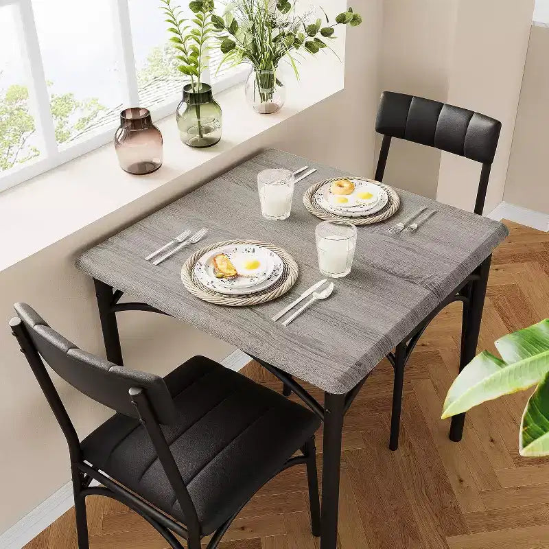 Modern Rustic Square Dining Set, 29.2' L x W 30.1' H Table, 33.7' 18.4' 17' Chairs, 2 Person, Metal & MDF, Easy Assembly, Space-Saving