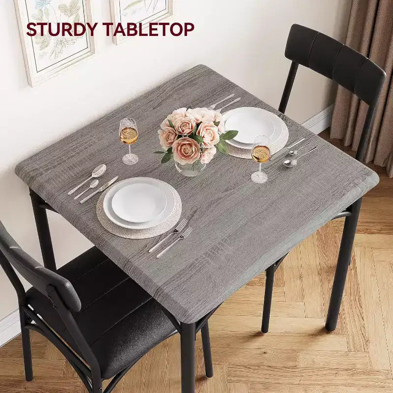 Modern Rustic Square Dining Set, 29.2' L x W 30.1' H Table, 33.7' 18.4' 17' Chairs, 2 Person, Metal & MDF, Easy Assembly, Space-Saving