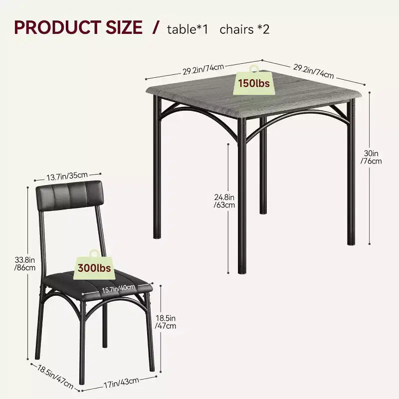 Modern Rustic Square Dining Set, 29.2' L x W 30.1' H Table, 33.7' 18.4' 17' Chairs, 2 Person, Metal & MDF, Easy Assembly, Space-Saving
