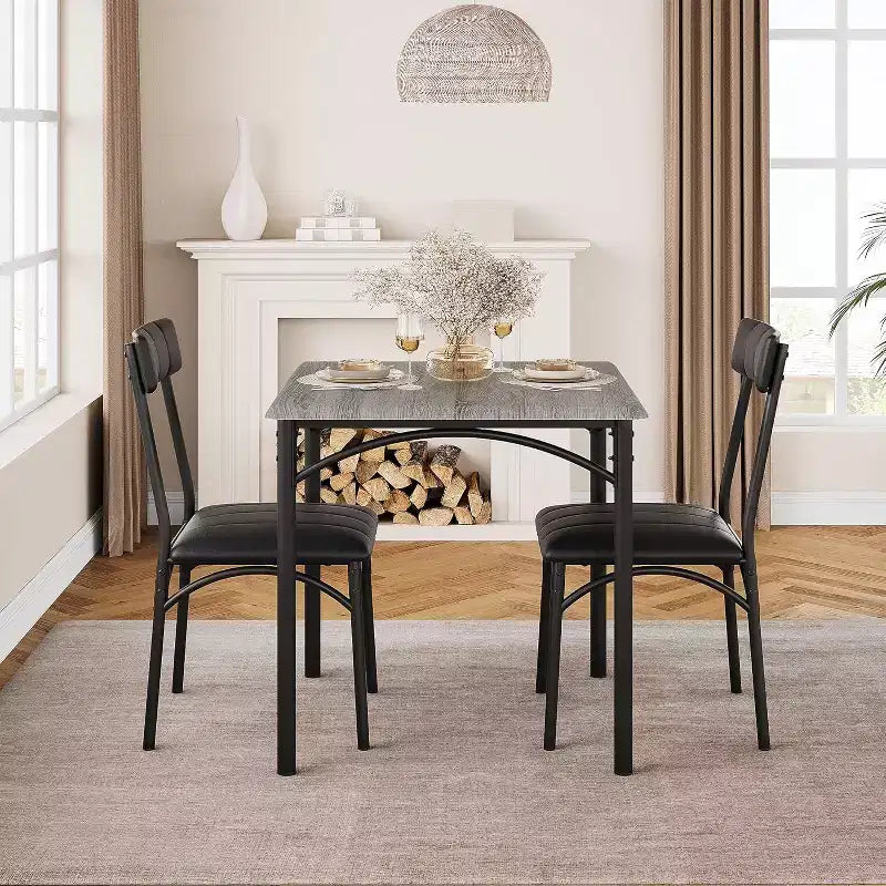 Modern Rustic Square Dining Set, 29.2' L x W 30.1' H Table, 33.7' 18.4' 17' Chairs, 2 Person, Metal & MDF, Easy Assembly, Space-Saving