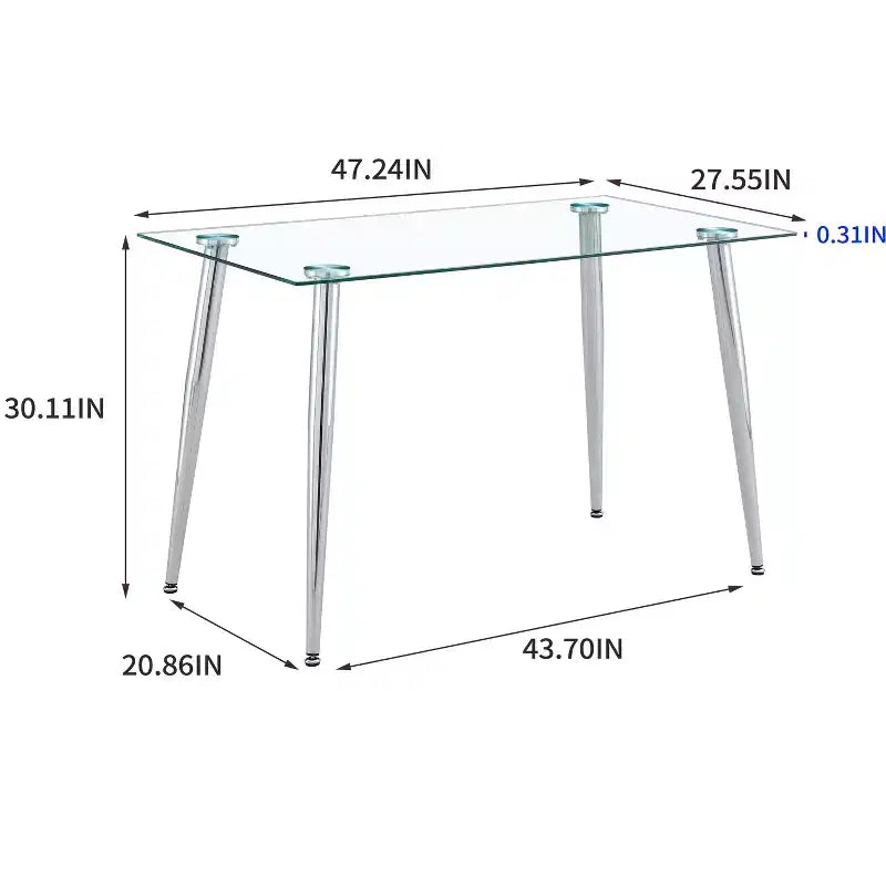 Okak Dining Table for Small Space, Contemporary Rectangle Tempered Glass Dining Table with Metal Legs for 4 People