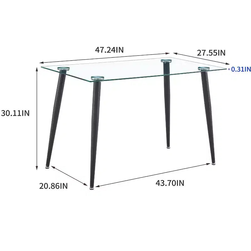 Okak Dining Table for Small Space, Contemporary Rectangle Tempered Glass Dining Table with Metal Legs for 4 People