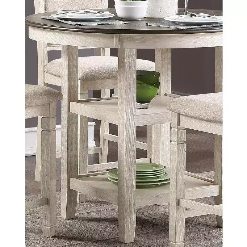 Okak Round Dining Table Transitional Style for Small Space, Counter Height Table with 2 Display Shelves for Living Room, Office, Kitchen