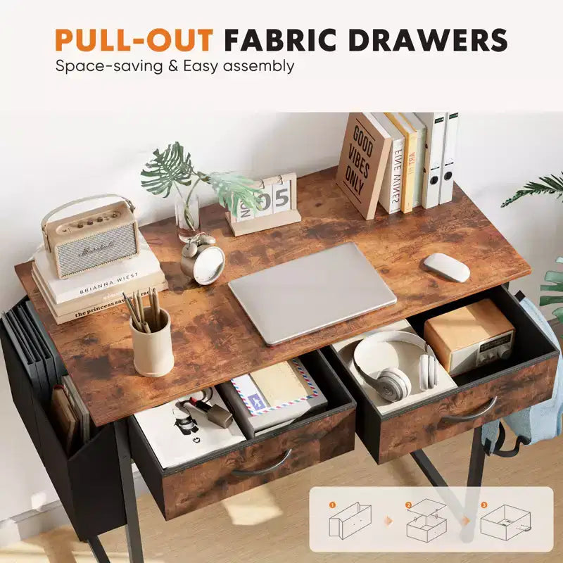 Computer Desk with Storage, Small Home Office Writing Study PC Table with Fabric Side Bag & Headphone Hook, Metal Frame 32 x 15.7 x 30.6)