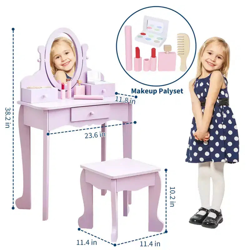Kids' Vanity Set with Mirror, Makeup Table and Stool Vanity Desk and Chair with Wood Makeup Playset for 4-9 Girls