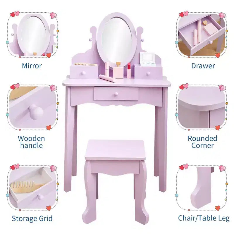 Kids' Vanity Set with Mirror, Makeup Table and Stool Vanity Desk and Chair with Wood Makeup Playset for 4-9 Girls