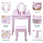 Kids' Vanity Set with Mirror, Makeup Table and Stool Vanity Desk and Chair with Wood Makeup Playset for 4-9 Girls
