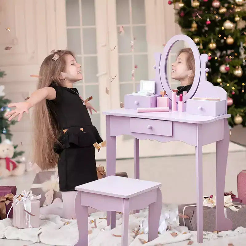 Kids' Vanity Set with Mirror, Makeup Table and Stool Vanity Desk and Chair with Wood Makeup Playset for 4-9 Girls