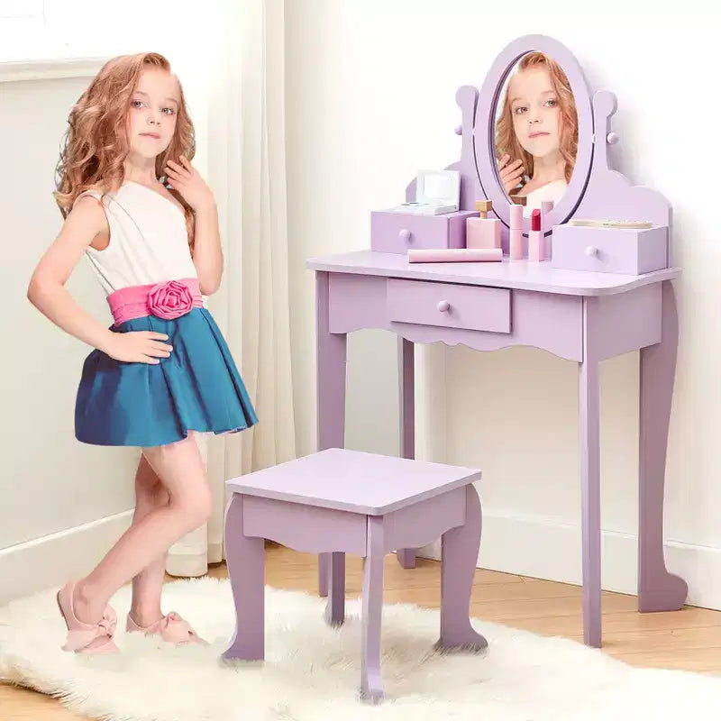 Kids' Vanity Set with Mirror, Makeup Table and Stool Vanity Desk and Chair with Wood Makeup Playset for 4-9 Girls