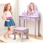 Kids' Vanity Set with Mirror, Makeup Table and Stool Vanity Desk and Chair with Wood Makeup Playset for 4-9 Girls