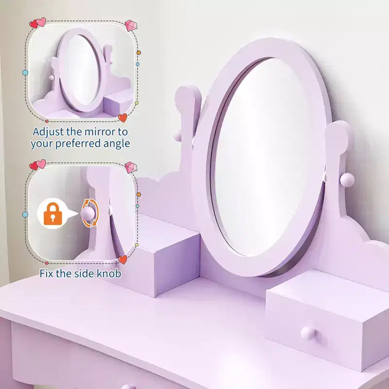 Kids' Vanity Set with Mirror, Makeup Table and Stool Vanity Desk and Chair with Wood Makeup Playset for 4-9 Girls
