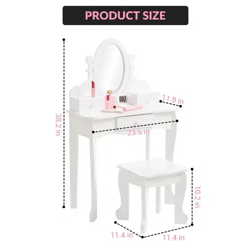 Kids' Vanity Set with Mirror, Makeup Table and Stool Vanity Desk and Chair with Wood Makeup Playset for 4-9 Girls