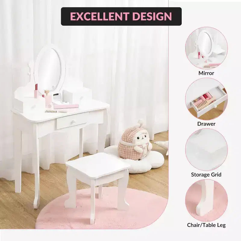 Kids' Vanity Set with Mirror, Makeup Table and Stool Vanity Desk and Chair with Wood Makeup Playset for 4-9 Girls