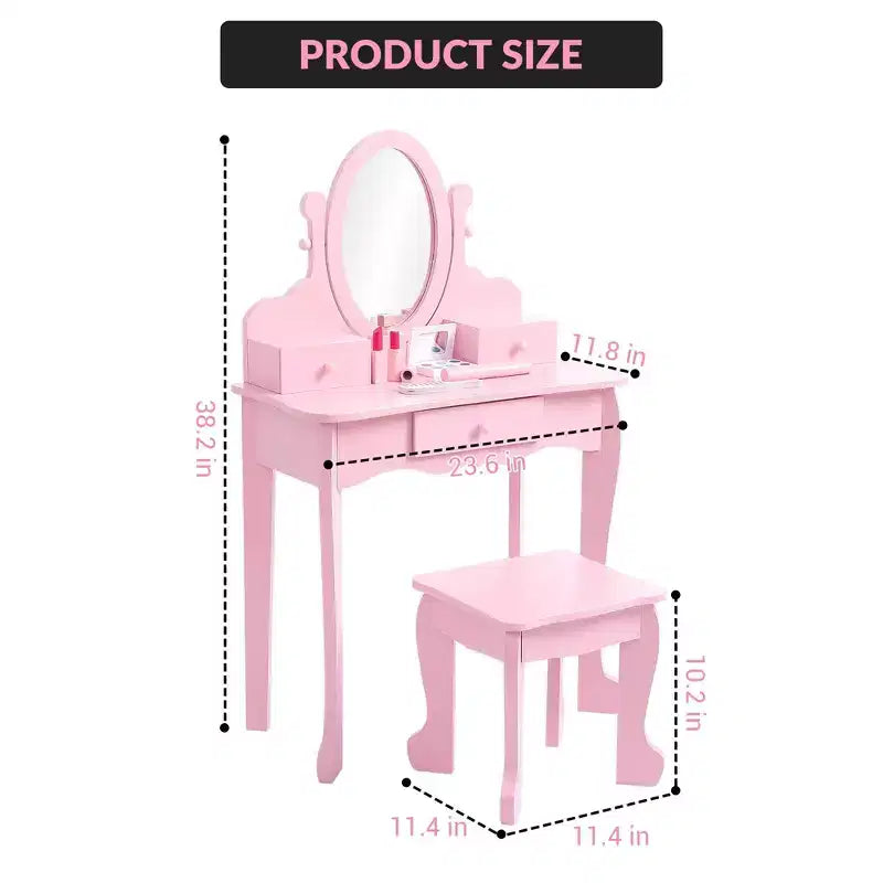 Kids' Vanity Set with Mirror, Makeup Table and Stool Vanity Desk and Chair with Wood Makeup Playset for 4-9 Girls