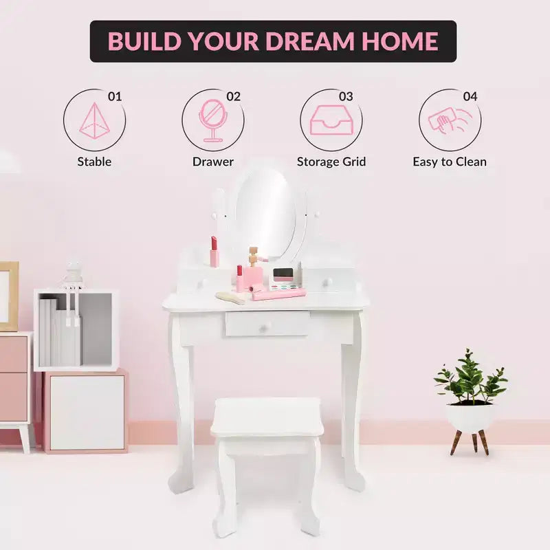 Kids' Vanity Set with Mirror, Makeup Table and Stool Vanity Desk and Chair with Wood Makeup Playset for 4-9 Girls
