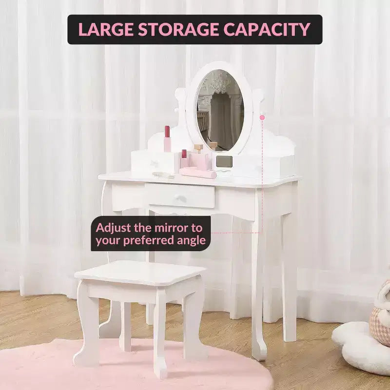 Kids' Vanity Set with Mirror, Makeup Table and Stool Vanity Desk and Chair with Wood Makeup Playset for 4-9 Girls