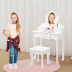 Kids' Vanity Set with Mirror, Makeup Table and Stool Vanity Desk and Chair with Wood Makeup Playset for 4-9 Girls