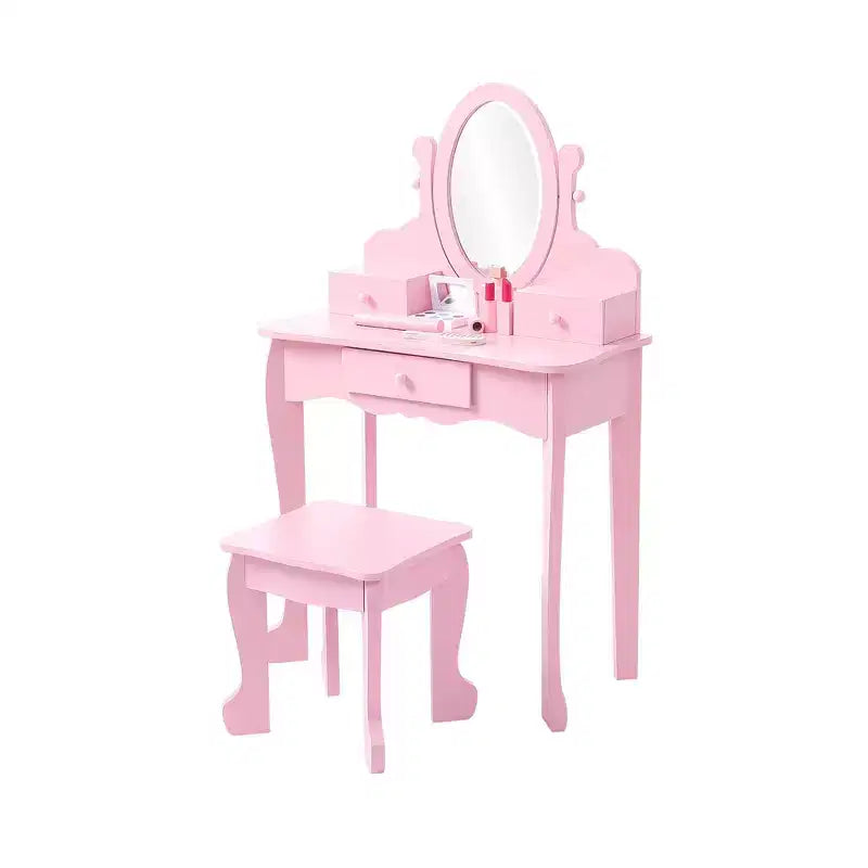 Kids' Vanity Set with Mirror, Makeup Table and Stool Vanity Desk and Chair with Wood Makeup Playset for 4-9 Girls