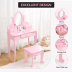 Kids' Vanity Set with Mirror, Makeup Table and Stool Vanity Desk and Chair with Wood Makeup Playset for 4-9 Girls
