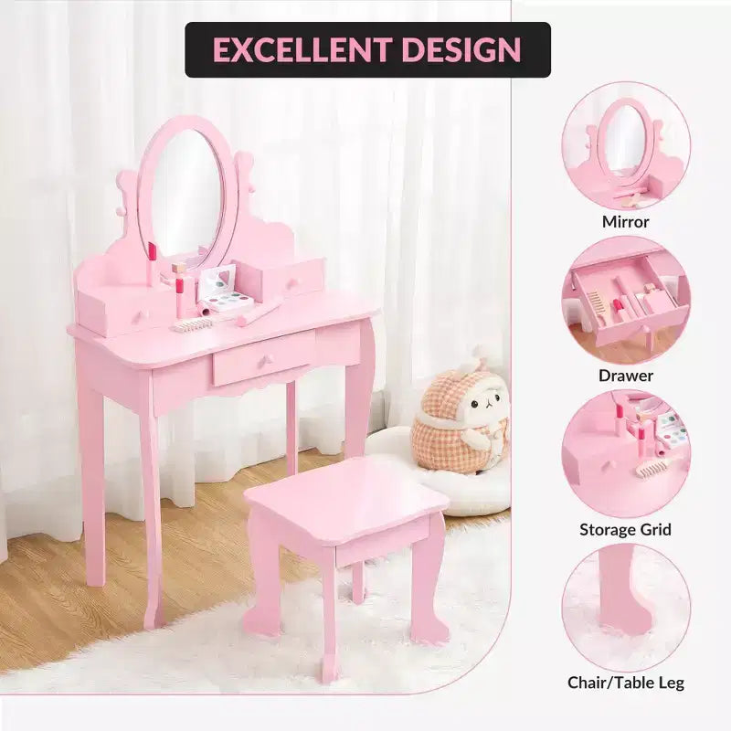 Kids' Vanity Set with Mirror, Makeup Table and Stool Vanity Desk and Chair with Wood Makeup Playset for 4-9 Girls
