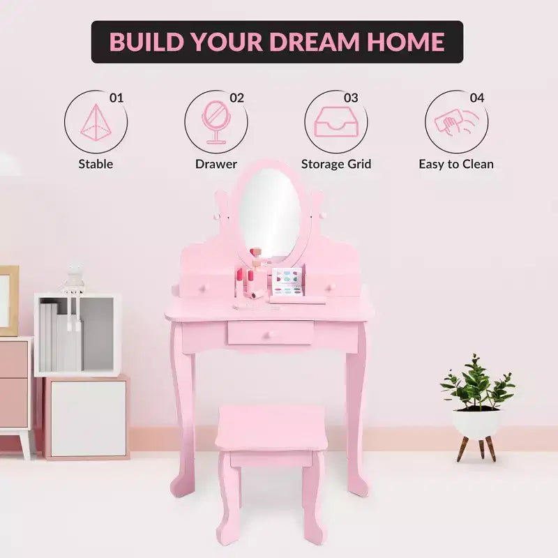 Kids' Vanity Set with Mirror, Makeup Table and Stool Vanity Desk and Chair with Wood Makeup Playset for 4-9 Girls