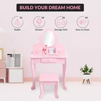 Kids' Vanity Set with Mirror, Makeup Table and Stool Vanity Desk and Chair with Wood Makeup Playset for 4-9 Girls