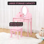 Kids' Vanity Set with Mirror, Makeup Table and Stool Vanity Desk and Chair with Wood Makeup Playset for 4-9 Girls