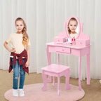 Kids' Vanity Set with Mirror, Makeup Table and Stool Vanity Desk and Chair with Wood Makeup Playset for 4-9 Girls