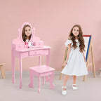 Kids' Vanity Set with Mirror, Makeup Table and Stool Vanity Desk and Chair with Wood Makeup Playset for 4-9 Girls