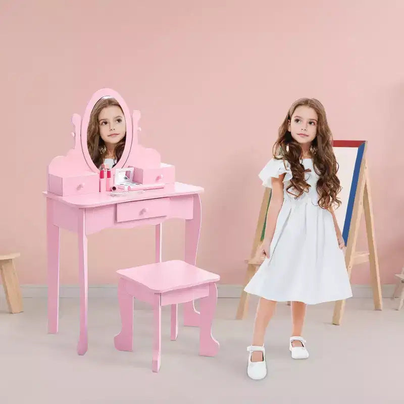 Kids' Vanity Set with Mirror, Makeup Table and Stool Vanity Desk and Chair with Wood Makeup Playset for 4-9 Girls