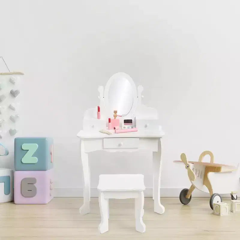 Kids' Vanity Set with Mirror, Makeup Table and Stool Vanity Desk and Chair with Wood Makeup Playset for 4-9 Girls