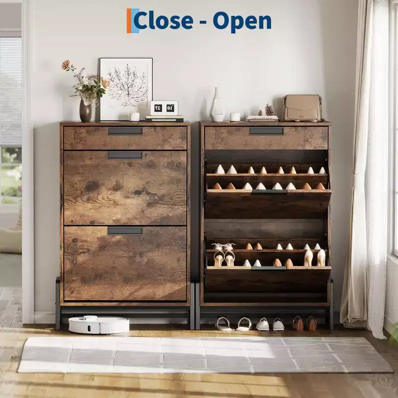 GustoWave Shoe Storage Organizer with 2 Flip Drawers and 1 Drawer, Freestanding Narrow Shoe Rack, Shoe Storage Organizer