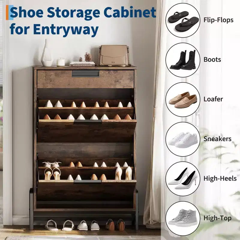 GustoWave Shoe Storage Organizer with 2 Flip Drawers and 1 Drawer, Freestanding Narrow Shoe Rack, Shoe Storage Organizer
