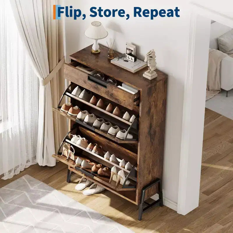 GustoWave Shoe Storage Organizer with 2 Flip Drawers and 1 Drawer, Freestanding Narrow Shoe Rack, Shoe Storage Organizer
