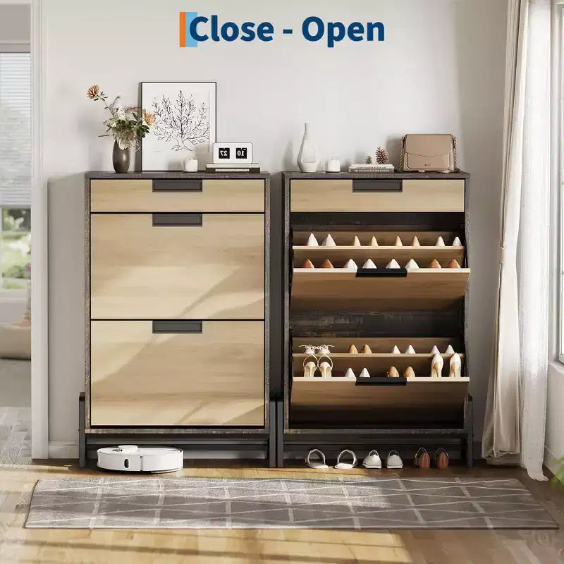 GustoWave Shoe Storage Organizer with 2 Flip Drawers and 1 Drawer, Freestanding Narrow Shoe Rack, Shoe Storage Organizer