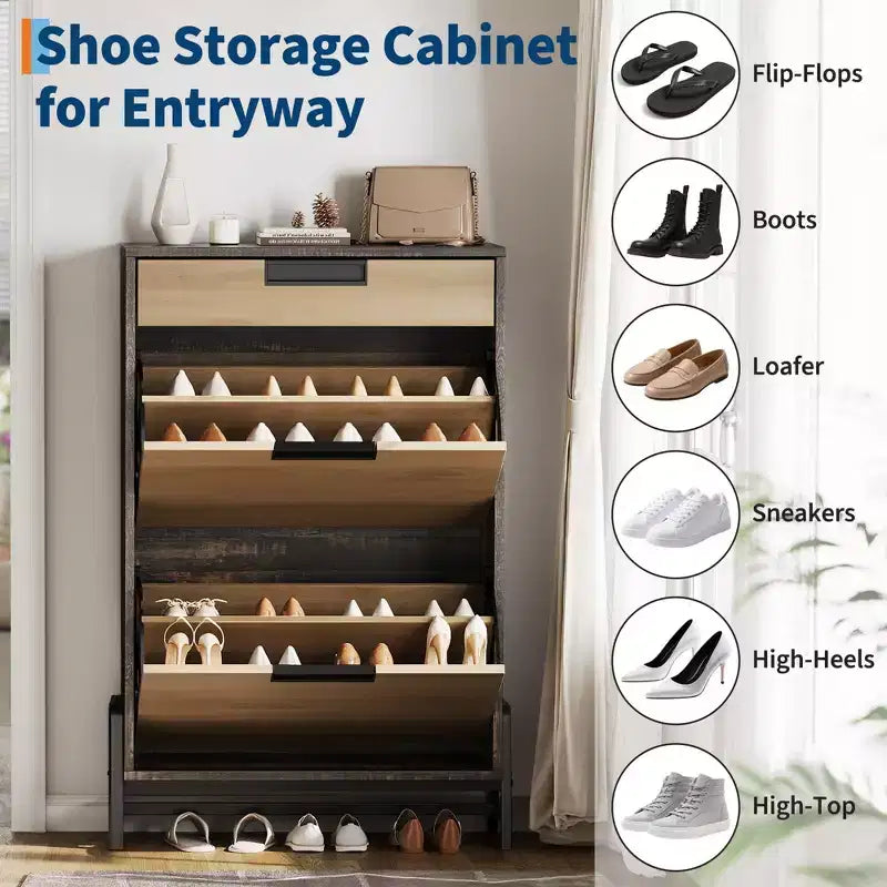 GustoWave Shoe Storage Organizer with 2 Flip Drawers and 1 Drawer, Freestanding Narrow Shoe Rack, Shoe Storage Organizer