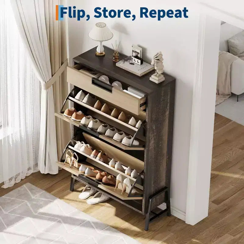 GustoWave Shoe Storage Organizer with 2 Flip Drawers and 1 Drawer, Freestanding Narrow Shoe Rack, Shoe Storage Organizer