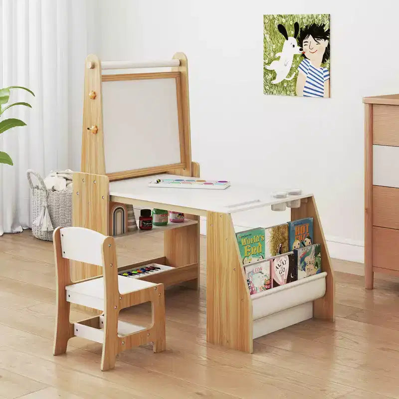 Costway Kids Art Table and Chair Set with Easel & Chair Whiteboard & Chalkboard Paper Roll
