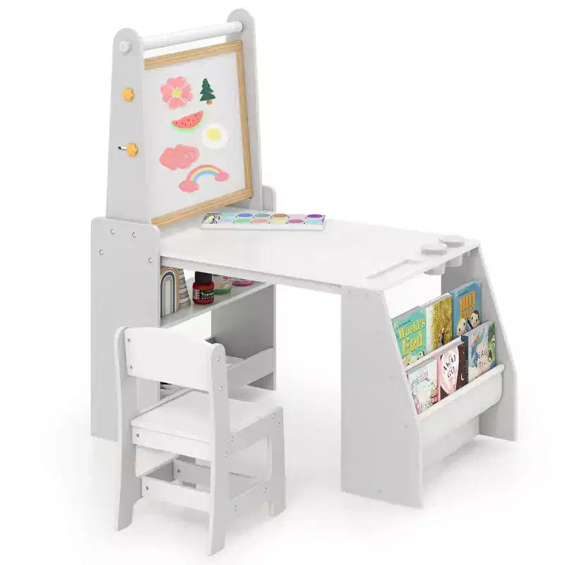 Costway Kids Art Table and Chair Set with Easel & Chair Whiteboard & Chalkboard Paper Roll
