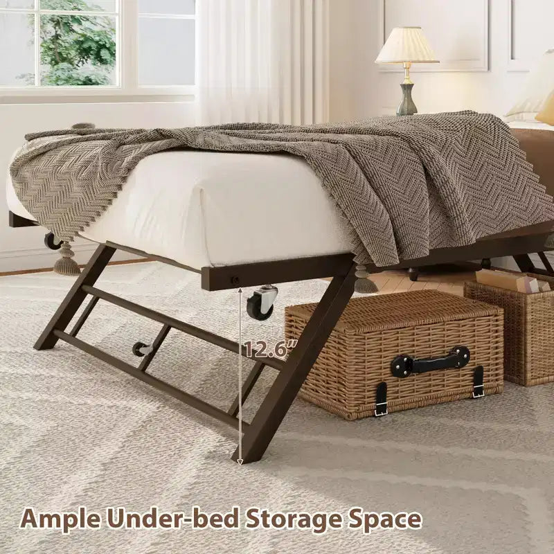 Twin Trundle Bed Frame - Pop Up Metal Platform with Lockable Casters, Foldable Design for Guest Rooms & Sleepovers