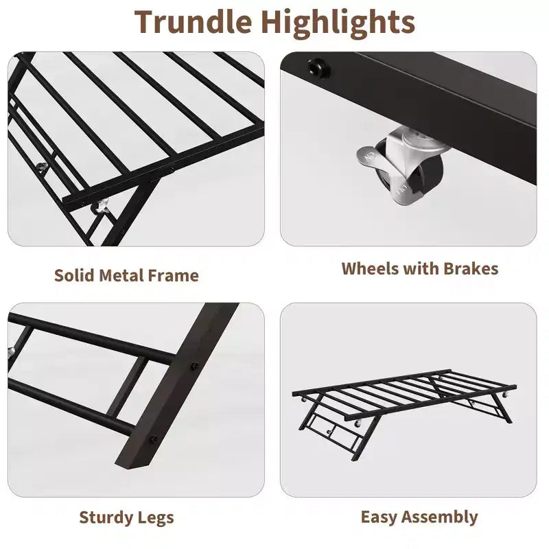 Twin Trundle Bed Frame - Pop Up Metal Platform with Lockable Casters, Foldable Design for Guest Rooms & Sleepovers