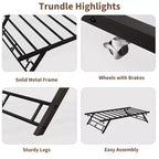 Twin Trundle Bed Frame - Pop Up Metal Platform with Lockable Casters, Foldable Design for Guest Rooms & Sleepovers