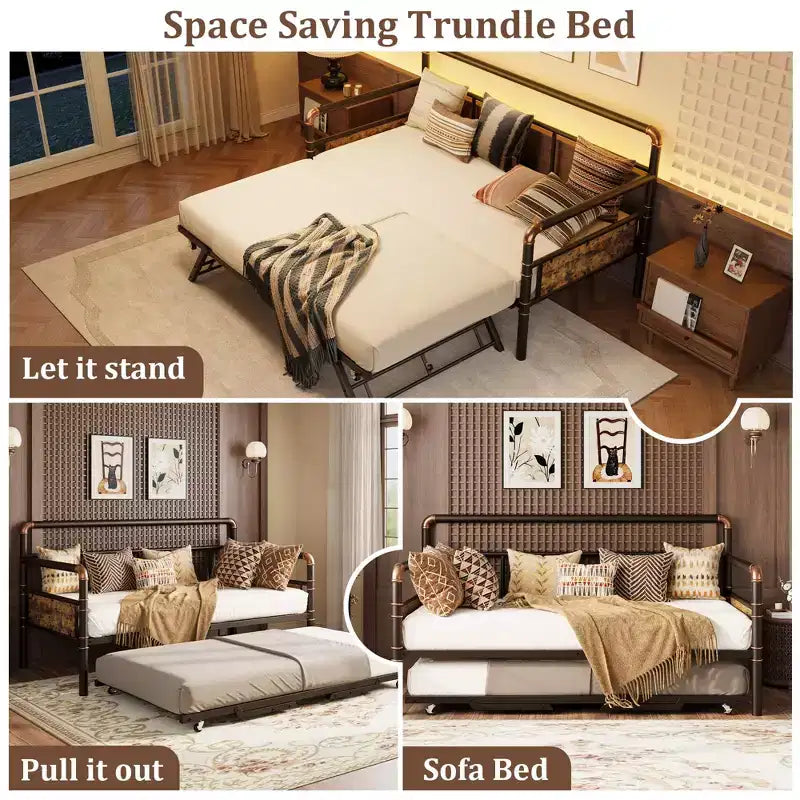 Twin Trundle Bed Frame - Pop Up Metal Platform with Lockable Casters, Foldable Design for Guest Rooms & Sleepovers